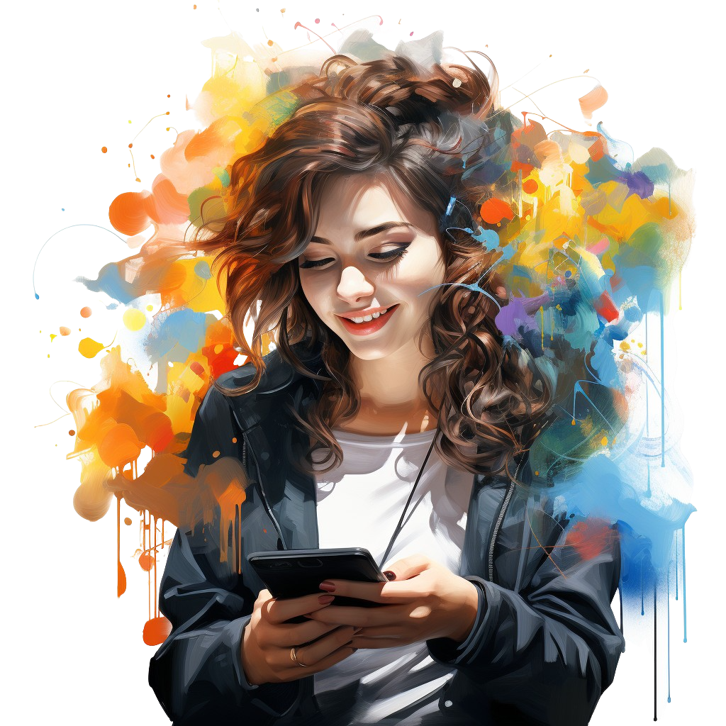 A young woman on her phone surrounded by bright colors